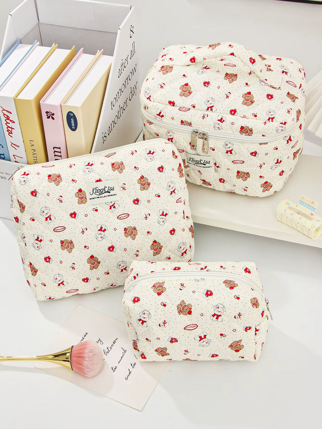 1Pc/Set Puppy Quilted Makeup Bag, Large Capacity Portable Makeup Bag, Travel Storage Makeup Bag, Multifunctional Makeup Bag