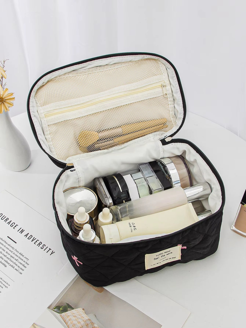 1Pc/Set Black Bow Quilted Makeup Bag, Bow Makeup Bag, Zipper Makeup Bag, Portable Travel Storage Makeup Bag