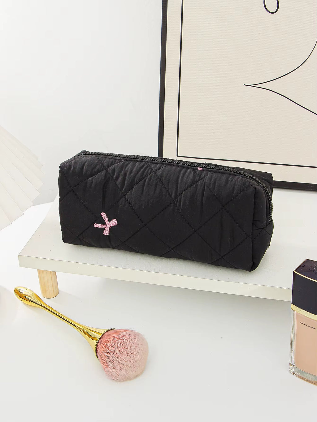 1Pc/Set Black Bow Quilted Makeup Bag, Bow Makeup Bag, Zipper Makeup Bag, Portable Travel Storage Makeup Bag