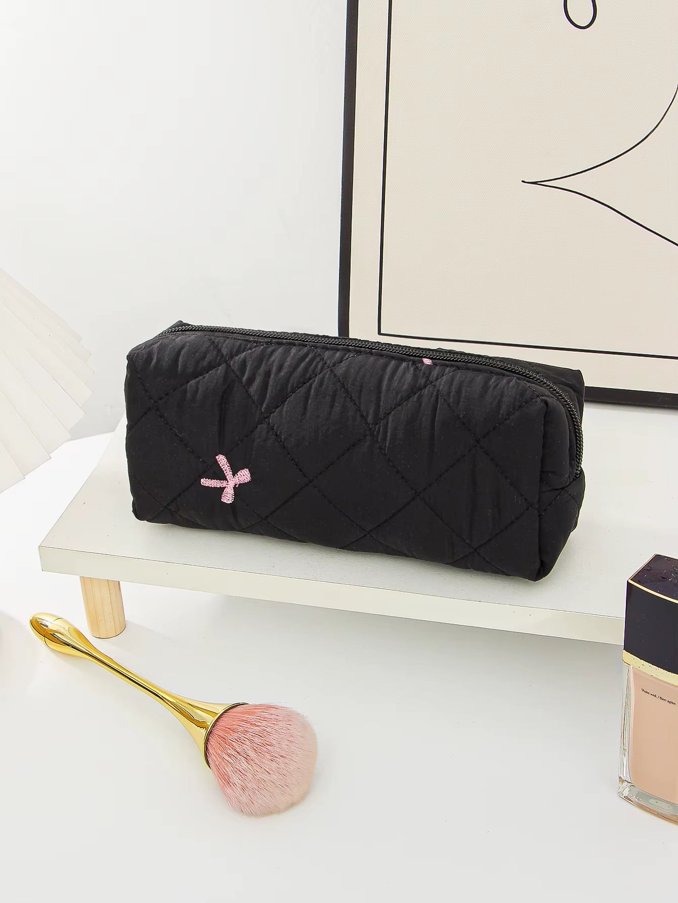 1Pc/Set Black Bow Quilted Makeup Bag, Bow Makeup Bag, Zipper Makeup Bag, Portable Travel Storage Makeup Bag