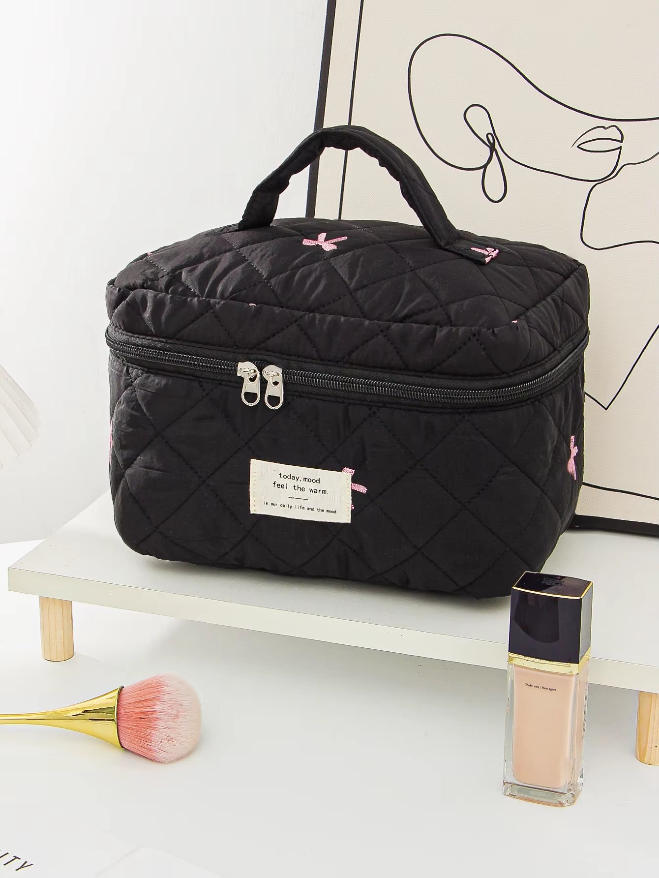 1Pc/Set Black Bow Quilted Makeup Bag, Bow Makeup Bag, Zipper Makeup Bag, Portable Travel Storage Makeup Bag