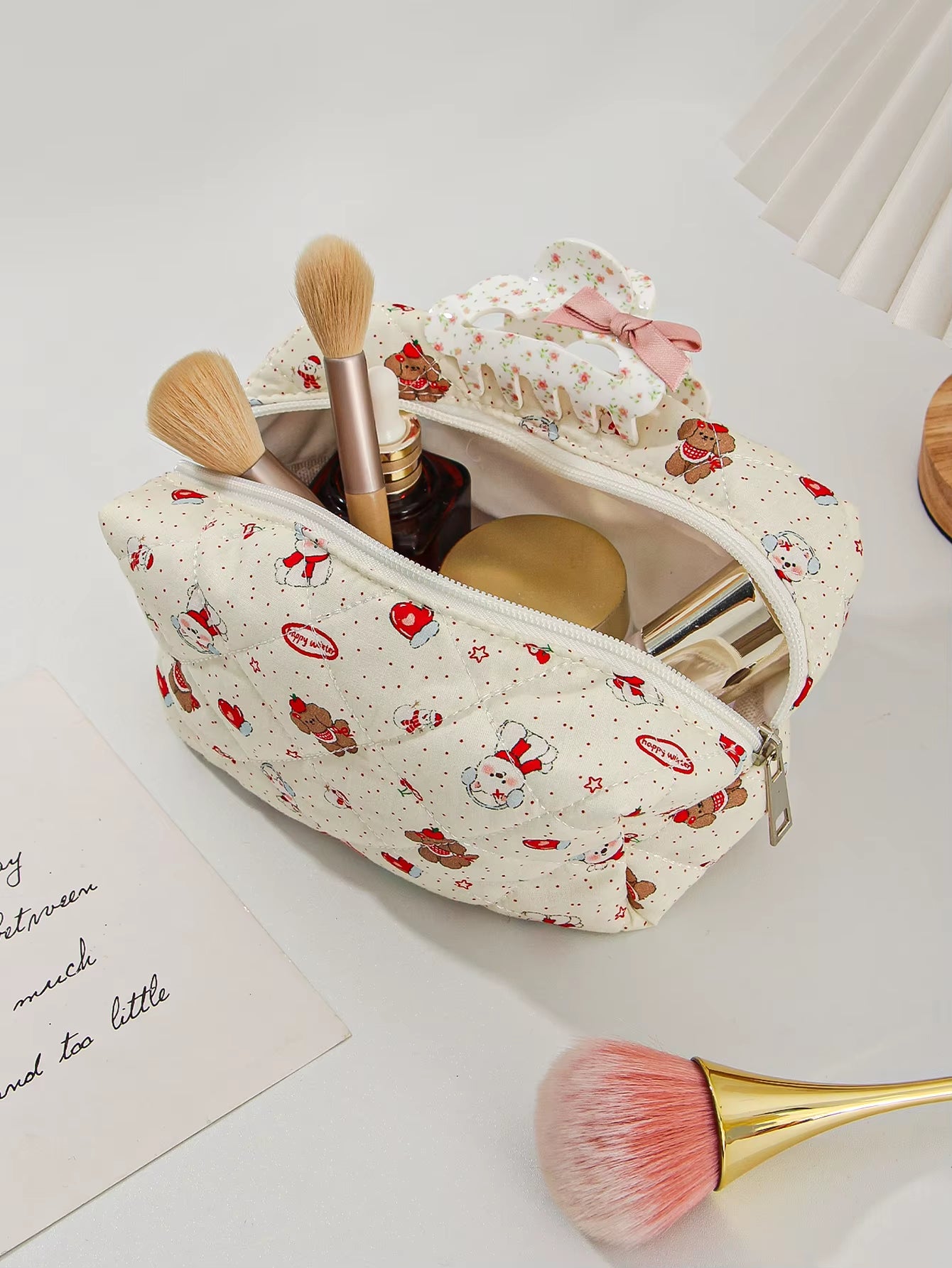 1Pc/Set Puppy Quilted Makeup Bag, Large Capacity Portable Makeup Bag, Travel Storage Makeup Bag, Multifunctional Makeup Bag
