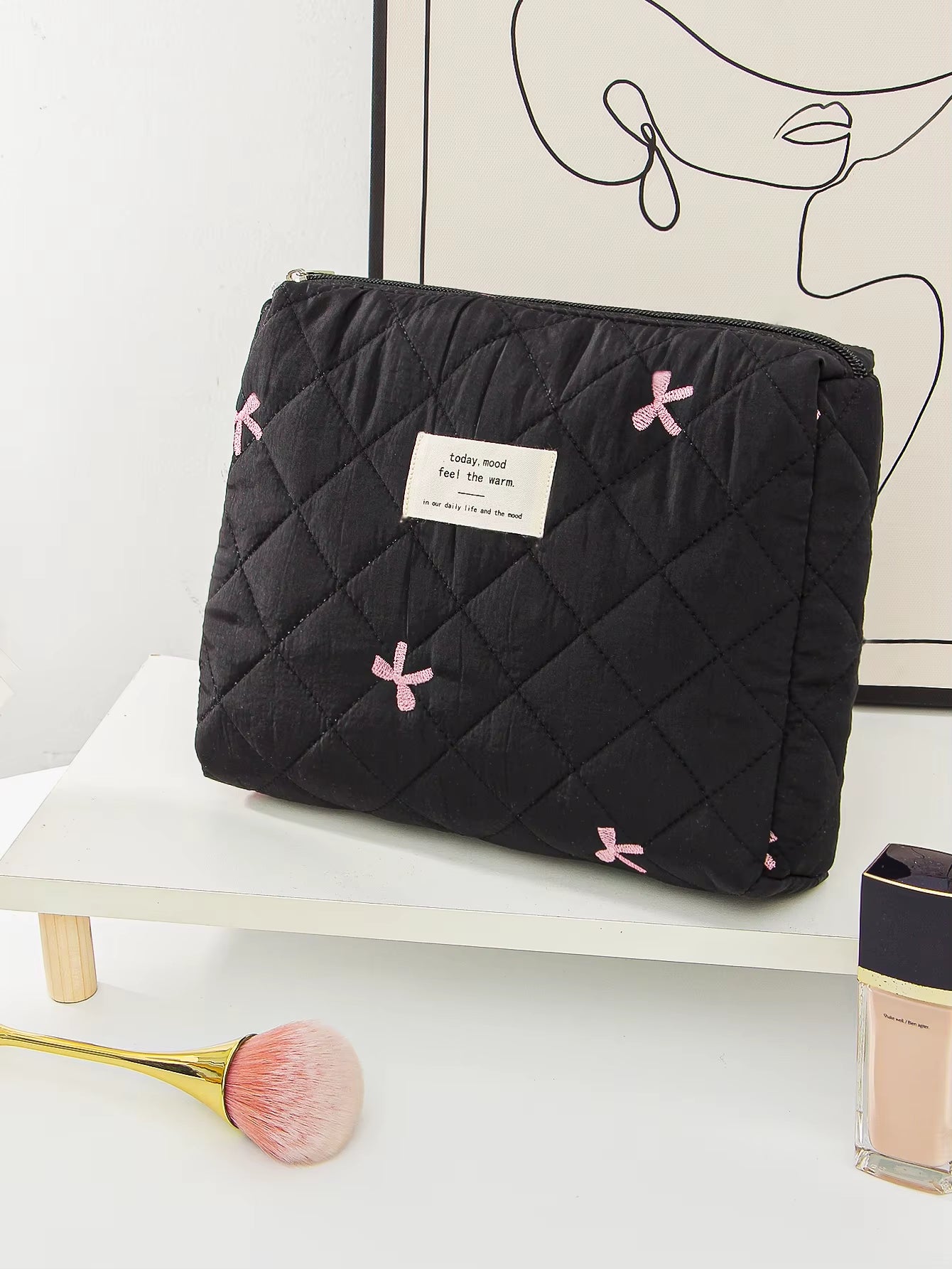 1Pc/Set Black Bow Quilted Makeup Bag, Bow Makeup Bag, Zipper Makeup Bag, Portable Travel Storage Makeup Bag