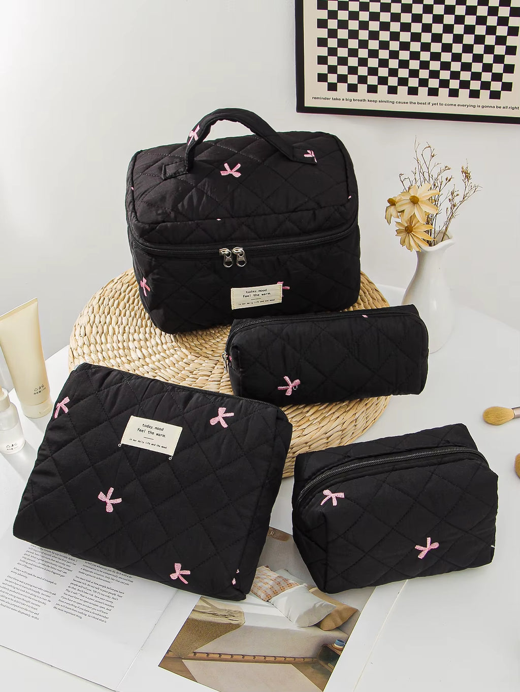 1Pc/Set Black Bow Quilted Makeup Bag, Bow Makeup Bag, Zipper Makeup Bag, Portable Travel Storage Makeup Bag