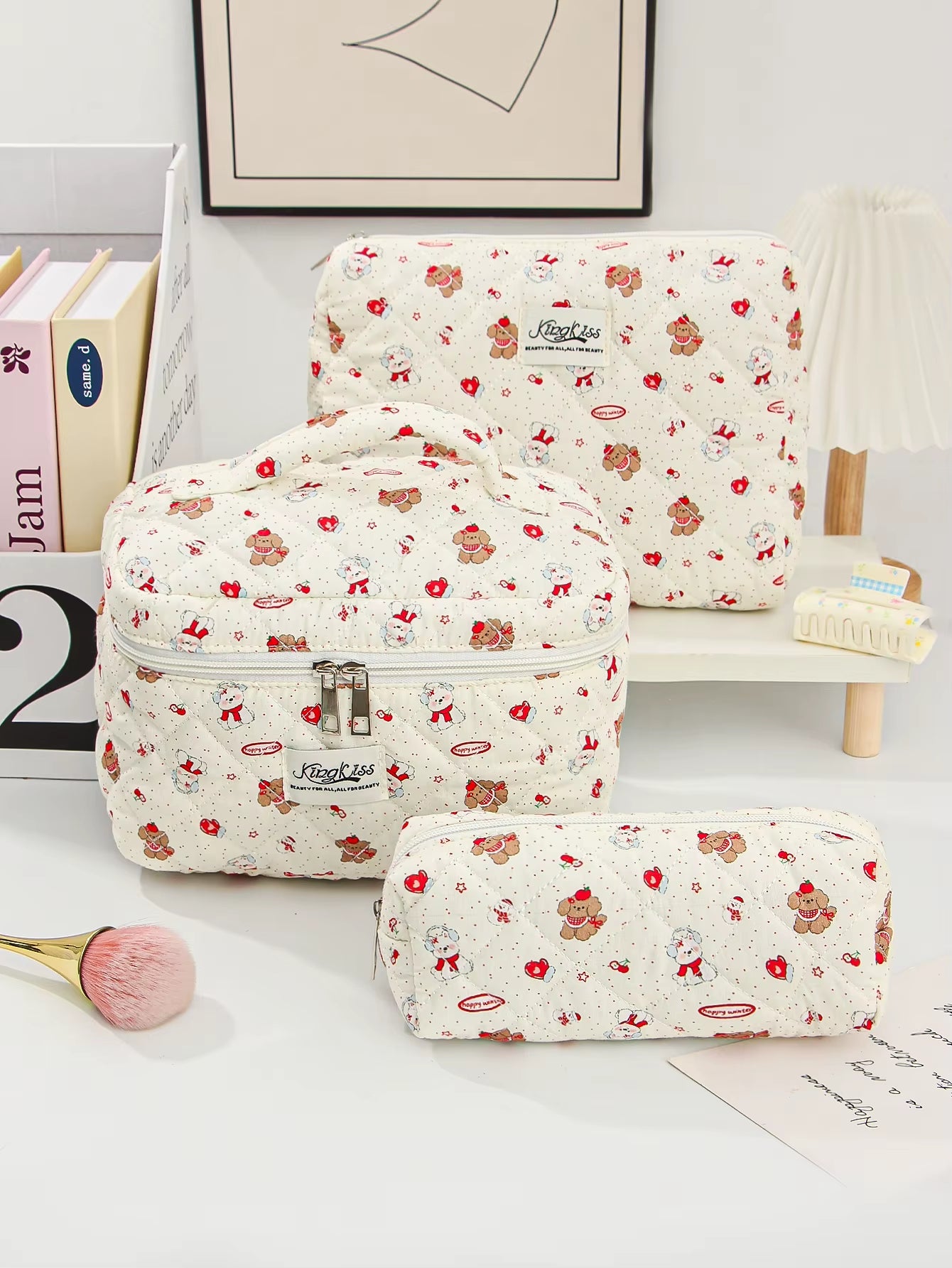 1Pc/Set Puppy Quilted Makeup Bag, Large Capacity Portable Makeup Bag, Travel Storage Makeup Bag, Multifunctional Makeup Bag