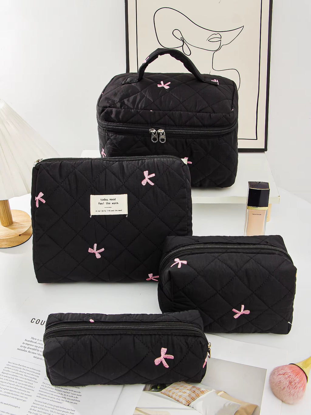 1Pc/Set Black Bow Quilted Makeup Bag, Bow Makeup Bag, Zipper Makeup Bag, Portable Travel Storage Makeup Bag