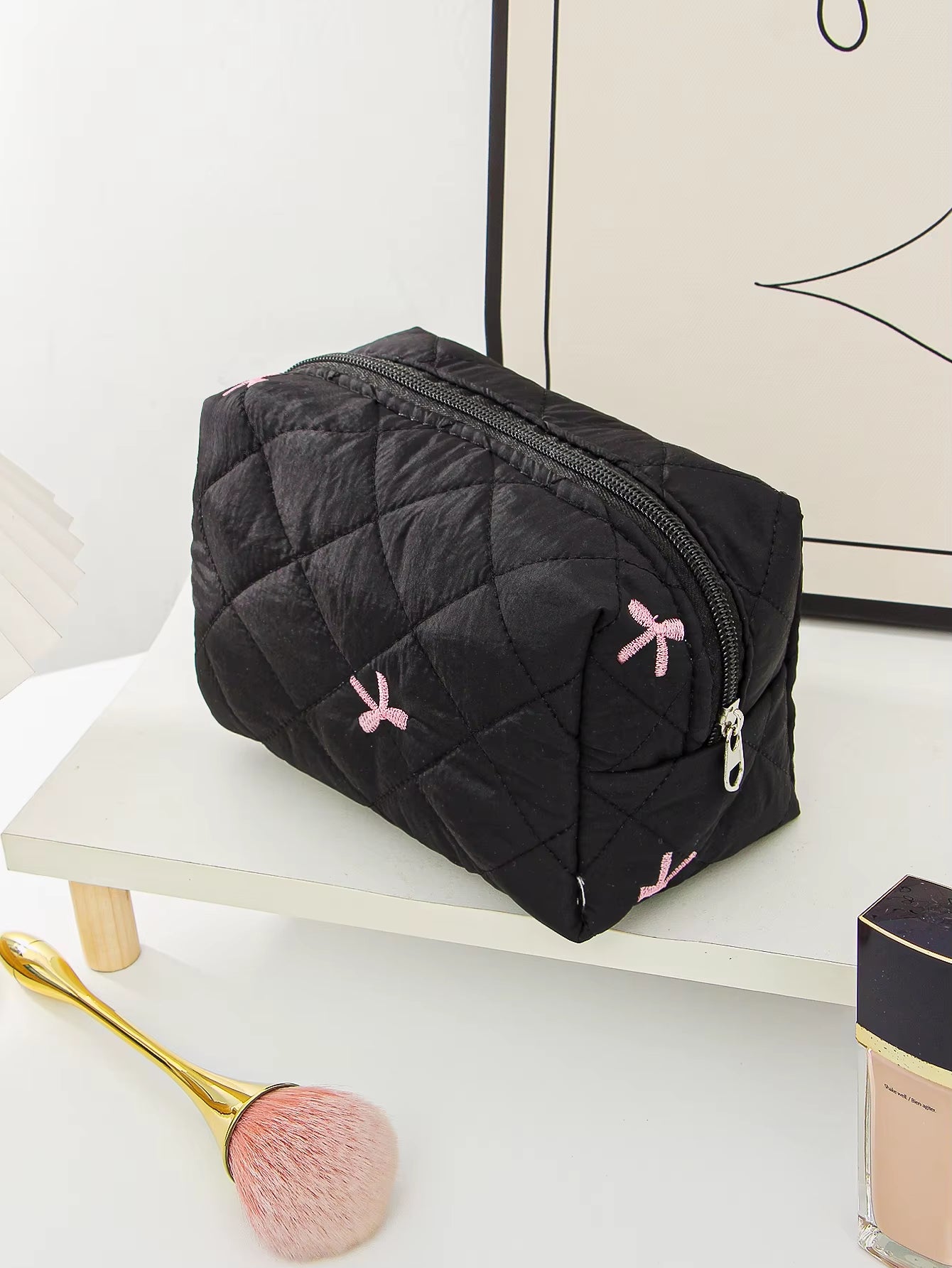 1Pc/Set Black Bow Quilted Makeup Bag, Bow Makeup Bag, Zipper Makeup Bag, Portable Travel Storage Makeup Bag