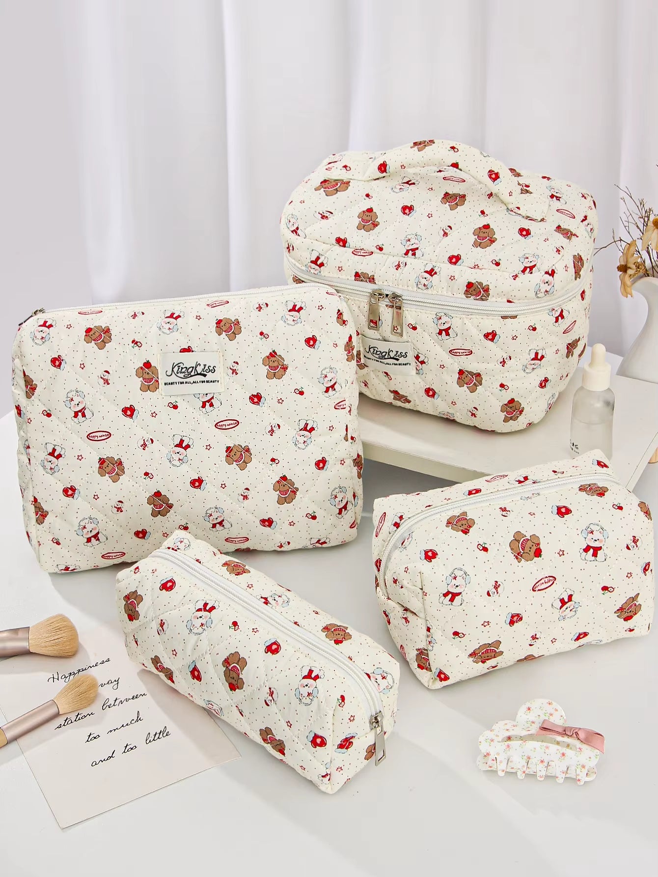 1Pc/Set Puppy Quilted Makeup Bag, Large Capacity Portable Makeup Bag, Travel Storage Makeup Bag, Multifunctional Makeup Bag